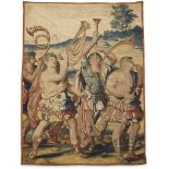 A French mythological tapestry fragment mid 17th century Depicting figures in a triumphant