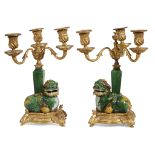 A pair of Régence style ormolu-mounted Sancai glazed porcelain three-light candelabra 19th century