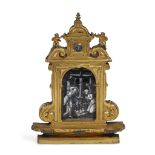 A lapis-set gilt bronze traveling devotional altarpiece with Limoges enamel plaque likely French,