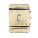 A cabochon sapphire-mounted black and white enameled 14-karat gold vanity case likely French,