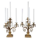 A pair of Edwardian gilt-bronze, carved giltwood and cut-glass four-light girandoles early 20th