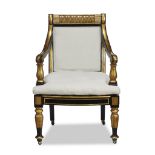 A Regency parcel-gilt and ebonized armchair in the manner of Morel & Hughes, first quarter 19th