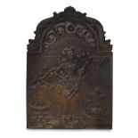 A Dutch cast iron fireback circa 1700 Depicting Persephone surrounded by motifs of spring and water,