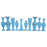 An assembled collection of parcel-gilt blue opaline glass vases late 19th/early 20th century