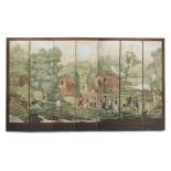 A French papier peint seven-panel floor screen 19th century Depicting an Alpine fête galante; panels