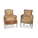Two Louis XVI style bergères en cabriolet 19th century Each with Aubusson style tapestry upholstery.