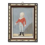 A Continental miniature portrait of a boy with a whip signed F. Grunbaum, 1800 Gouache on card,