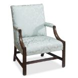 A George III Chinese Chippendale mahogany armchair mid 18th century The rectangular blue damask