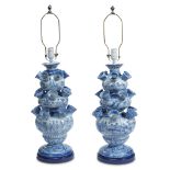A pair of Dutch Delft tulipières 18th century Each now drilled as lamps and mounted to bases. (2).