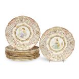 A set of ten Coalport parcel-gilt and hand-painted porcelain reticulated cabinet plates circa 1890