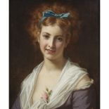 HUGUES MERLE (FRENCH 1823-1881) WOMAN WITH A BLUE BOW Signed 'Hugues Merle' center left, oil on