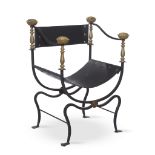 An Italian brass-mounted wrought iron Savonarola chair with leather upholstery mid 20th century H: