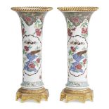 A pair of Louis XVI style ormolu-mounted Chinese export famille verte beaker vases 19th century W