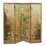 An Italian painted canvas four-panel folding screen 19th century Painted to recto with an Arcadian