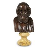 A large bronze portrait bust of Homer after the antique 19th century Raised on Siena marble base. H: