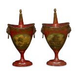 A pair of French tôle peinte covered chestnut urns second quarter 19th century With red dappled