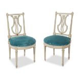 A pair of Directoire style gray-painted lyre-back side chairs 19th century With teal blue velvet