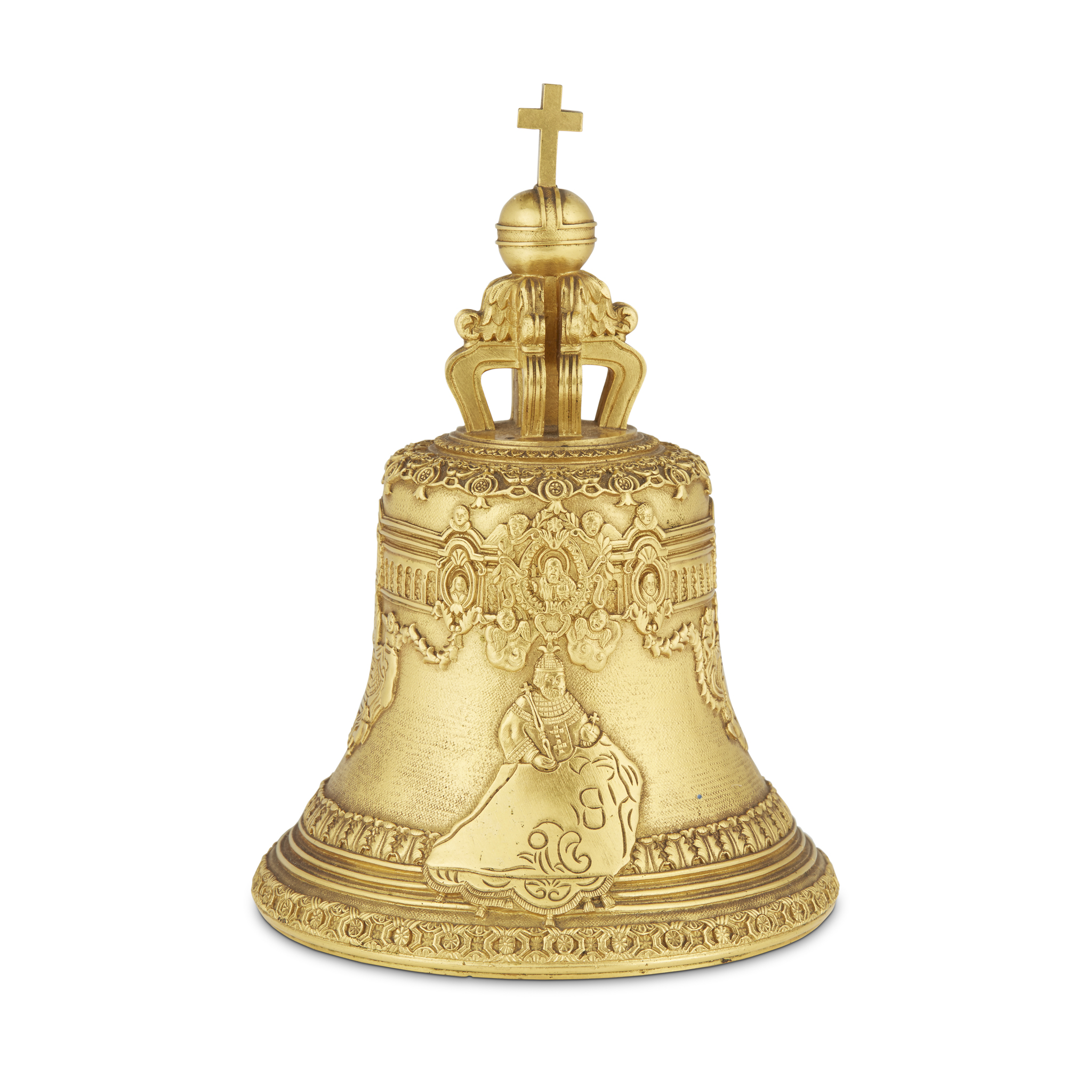 A Russian gilt-bronze table bell in the form of the 'Tsarskii Kolokol' likely Moscow, 19th century