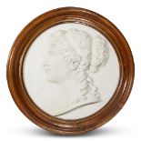 A Neoclassical white marble portrait plaque dated 1873 Depicting a classical lady in profile, signed