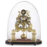 A large Victorian brass skeleton clock 19th century Enclosed in glass dome. H: 23 1/2, W: 19 in.