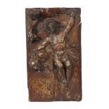 A carved wood panel of the deposition from the cross likely 17th century Depicting Joseph of