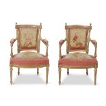A pair of Louis XVI style giltwood fauteuils 19th century With Aubusson style tapestry