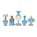 A group of giltmetal-mounted blue opaline glass scent bottles and vases late 19th/early 20th century