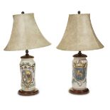 A pair of Italian Maiolica vase-form lamps likely 19th century Of baluster form, one depicting an
