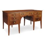 A George III style string inlaid mahogany partner's desk late 19th/early 20th century H: 31, W: 59