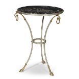 A Louis XVI style brass-mounted steel guéridon with gris Sainte Anne marble top 20th century H: 28