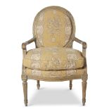 An Italian Neoclassical blue-painted and parcel-gilt armchair late 18th century H: 39, W: 25 1/4, D: