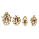 Four K.P.M. style painted porcelain portrait miniatures in florentine frames late 19th century H: