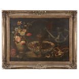 SPANISH SCHOOL (18TH CENTURY) TABLETOP WITH ALMONDS IN A SILVER BOWL, EWER AND MIXED FLOWERS IN A