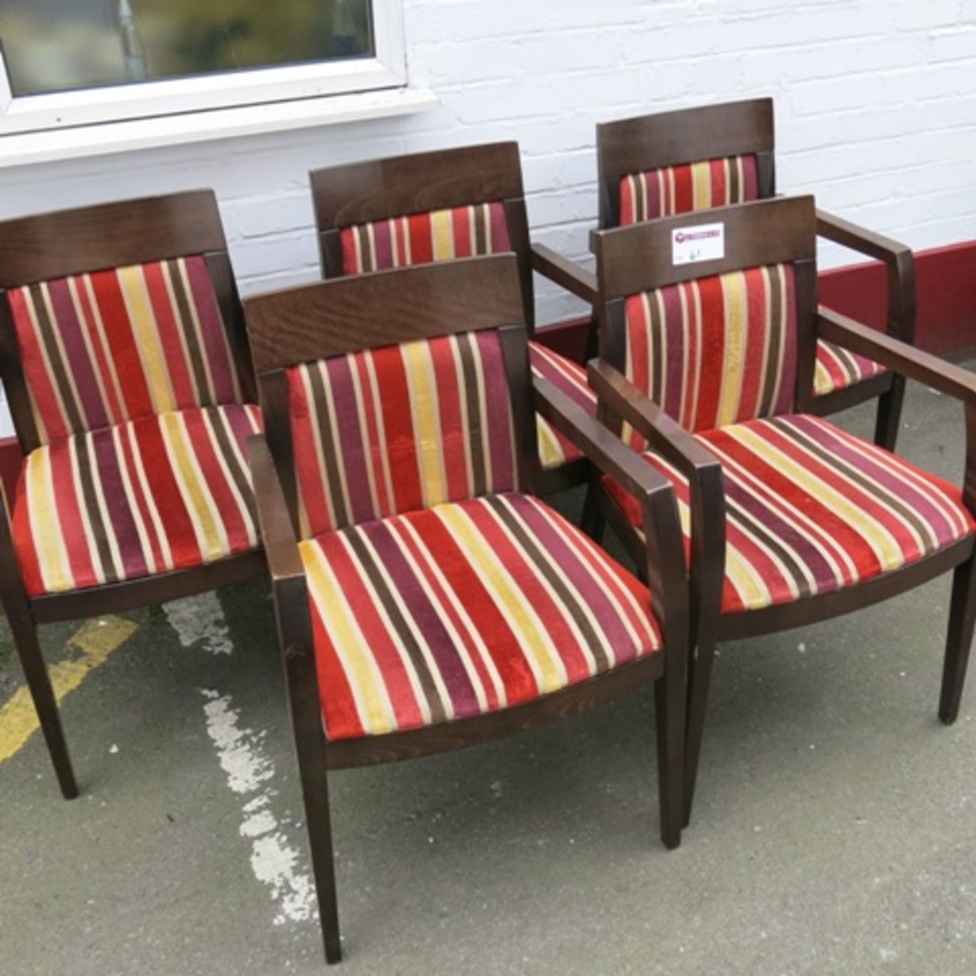 5 x Stained Darkwood Dining Chairs, Upholstered in Red/Gold/Brown Fabric - Image 2 of 5