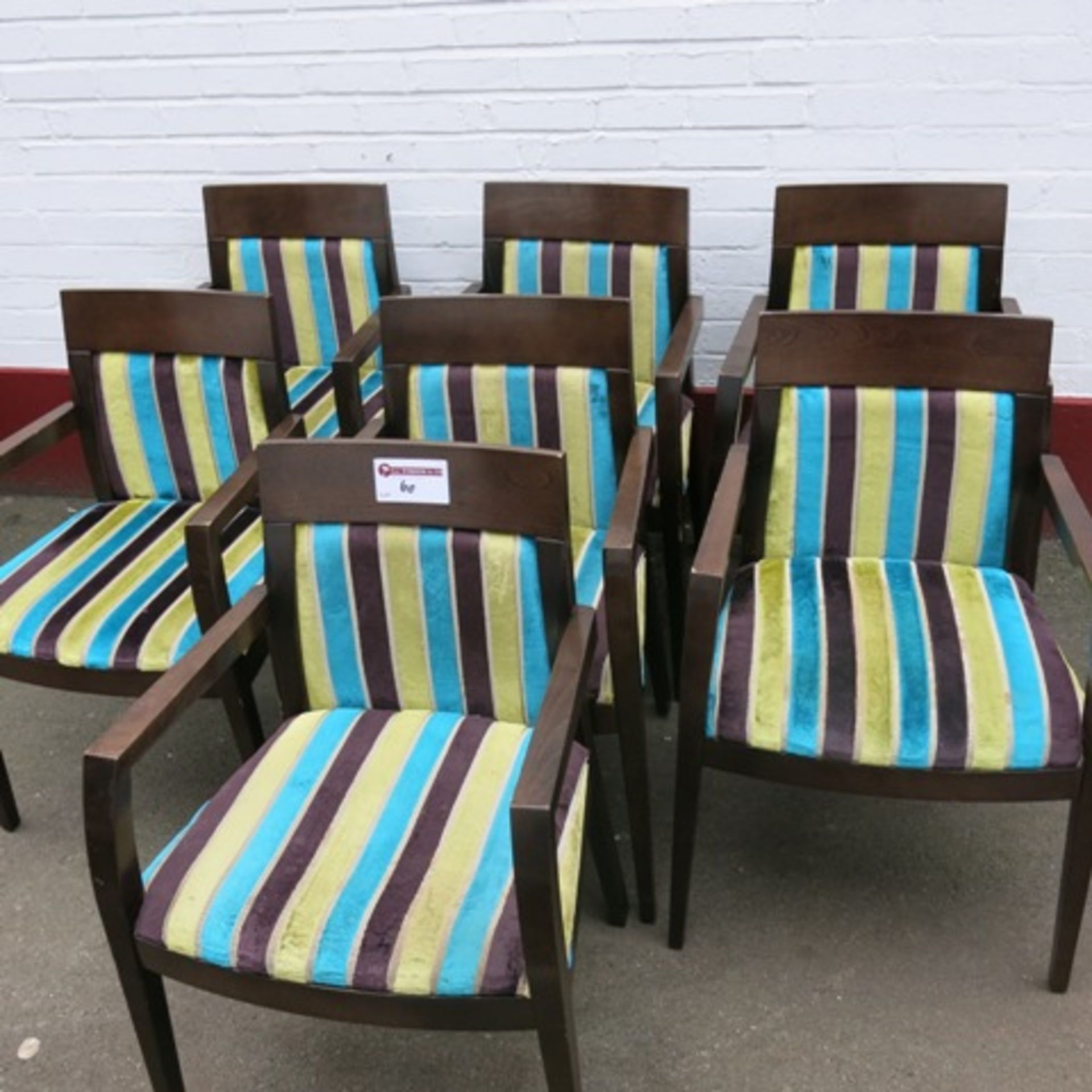 7 x Stained Darkwood Dining Chairs, Upholstered in Blue/Green/Brown Fabric