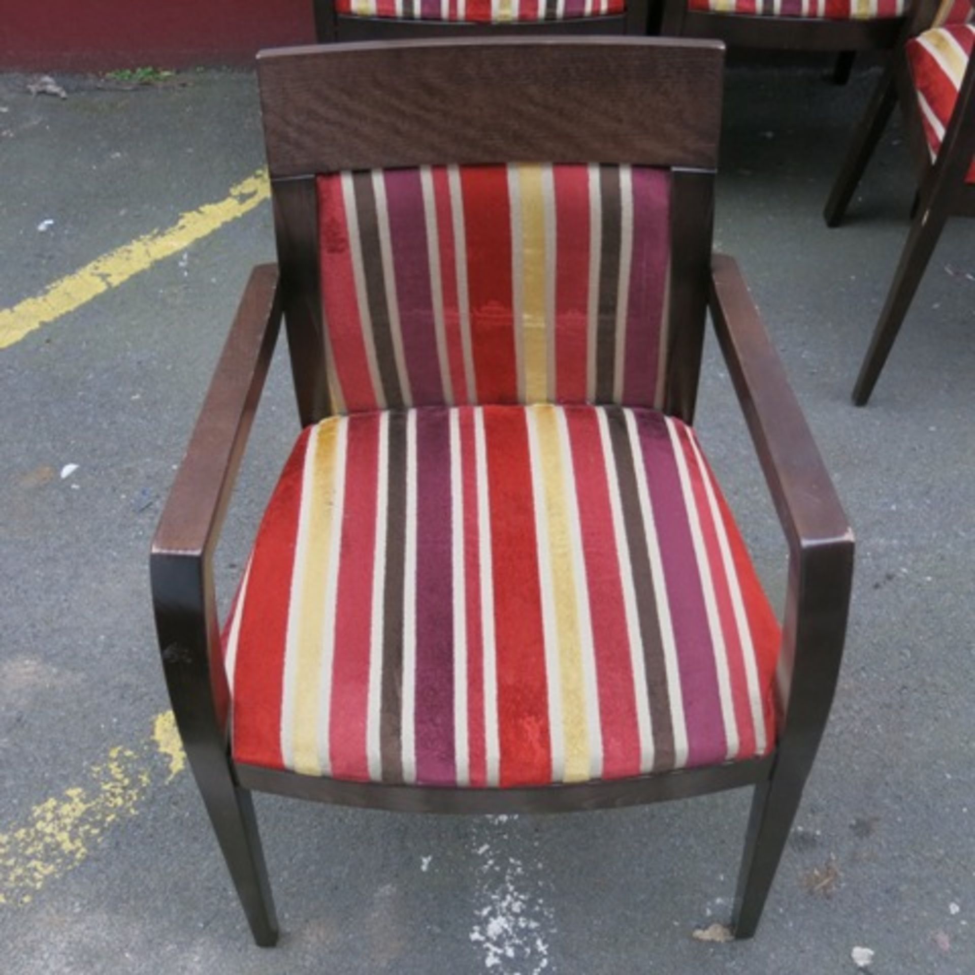 5 x Stained Darkwood Dining Chairs, Upholstered in Red/Gold/Brown Fabric - Image 4 of 5