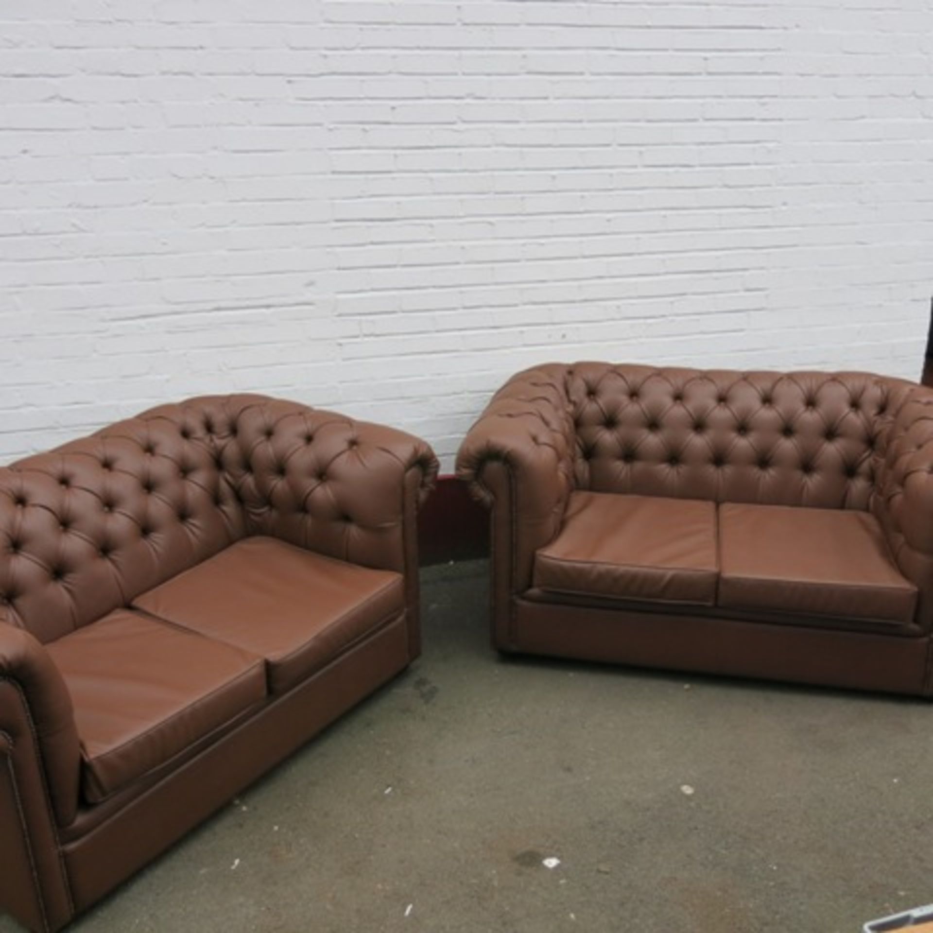 2 x Warings Furniture Chesterfield Style 2 Seater Sofas in Brown Faux Leather, Size (H)80cm x (D)