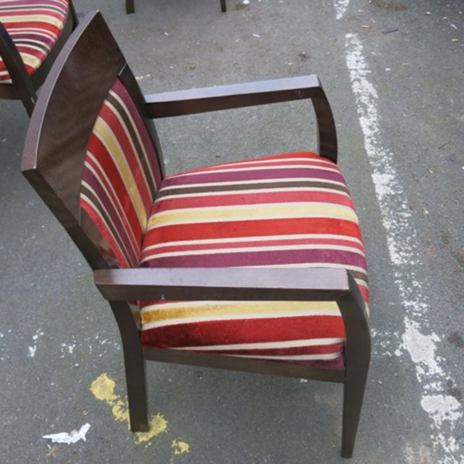 5 x Stained Darkwood Dining Chairs, Upholstered in Red/Gold/Brown Fabric - Image 3 of 5