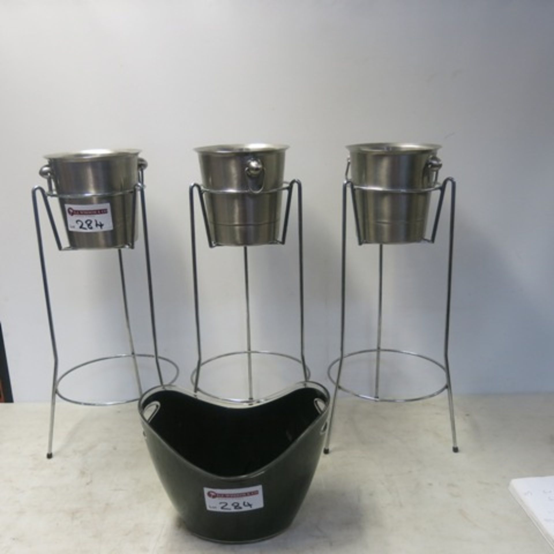 3 x Metal Ice Bucket Stands with 3 Aluminium Ice Buckets & 1 x Plastic Bar Ice Bucket