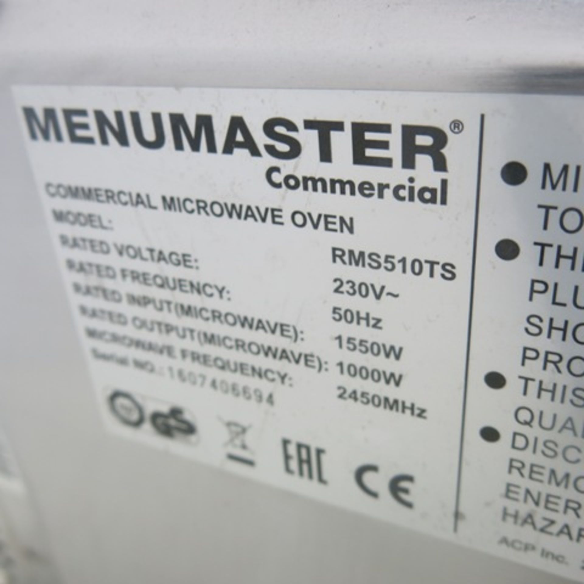 Menumaster Commercial 1550w Microwave, Model RM5510TS - Image 4 of 5