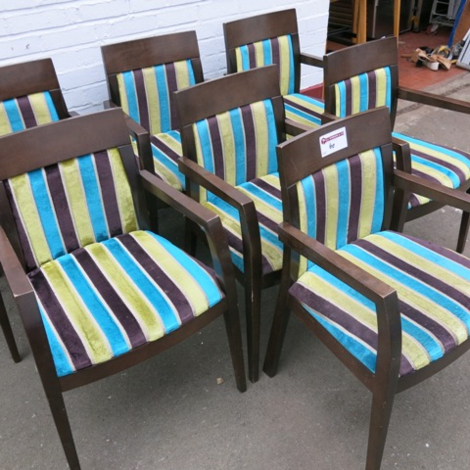 7 x Stained Darkwood Dining Chairs, Upholstered in Blue/Green/Brown Fabric - Image 4 of 6