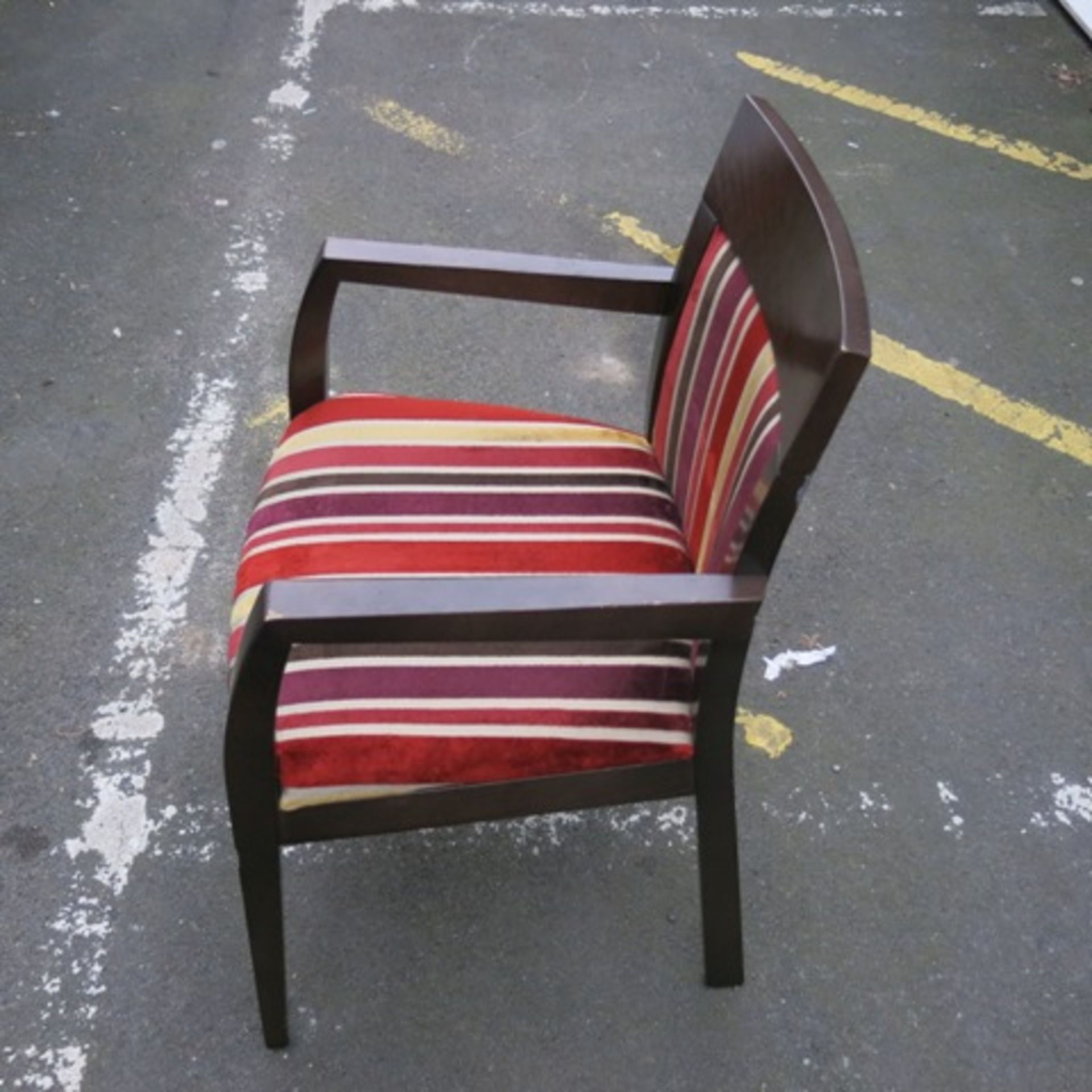 5 x Stained Darkwood Dining Chairs, Upholstered in Red/Gold/Brown Fabric - Image 5 of 5