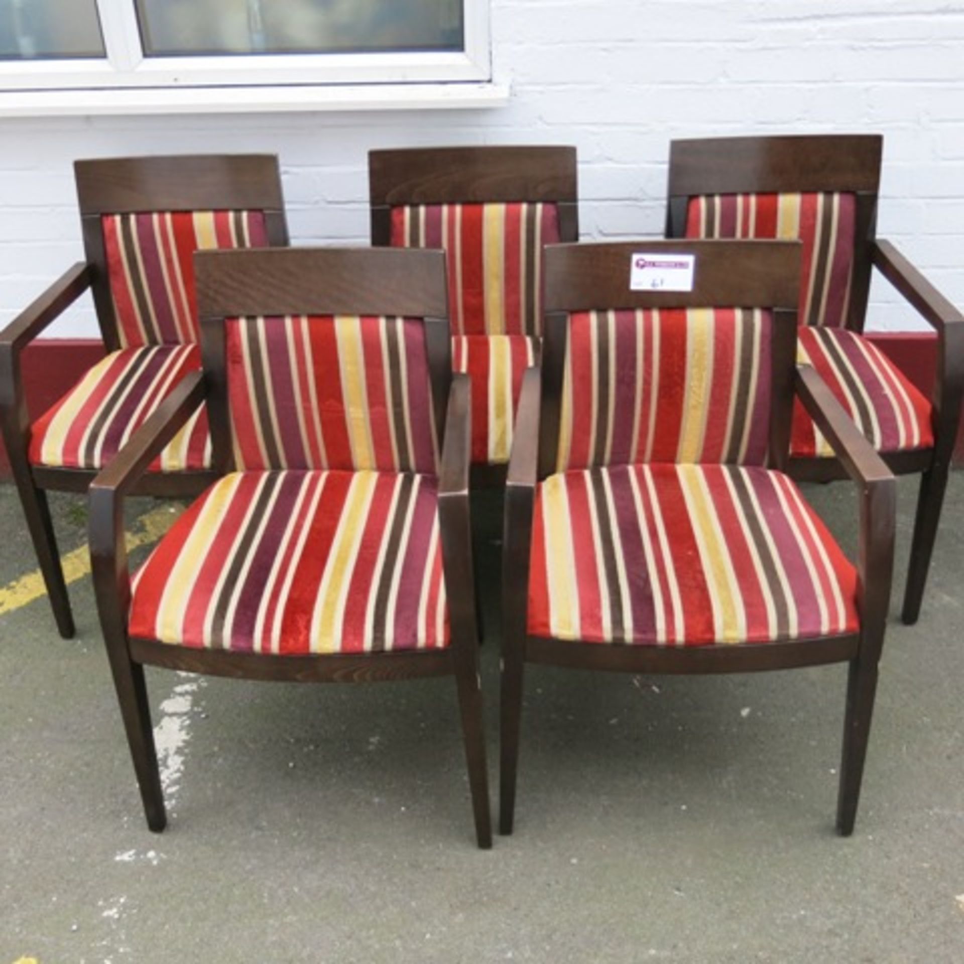 5 x Stained Darkwood Dining Chairs, Upholstered in Red/Gold/Brown Fabric