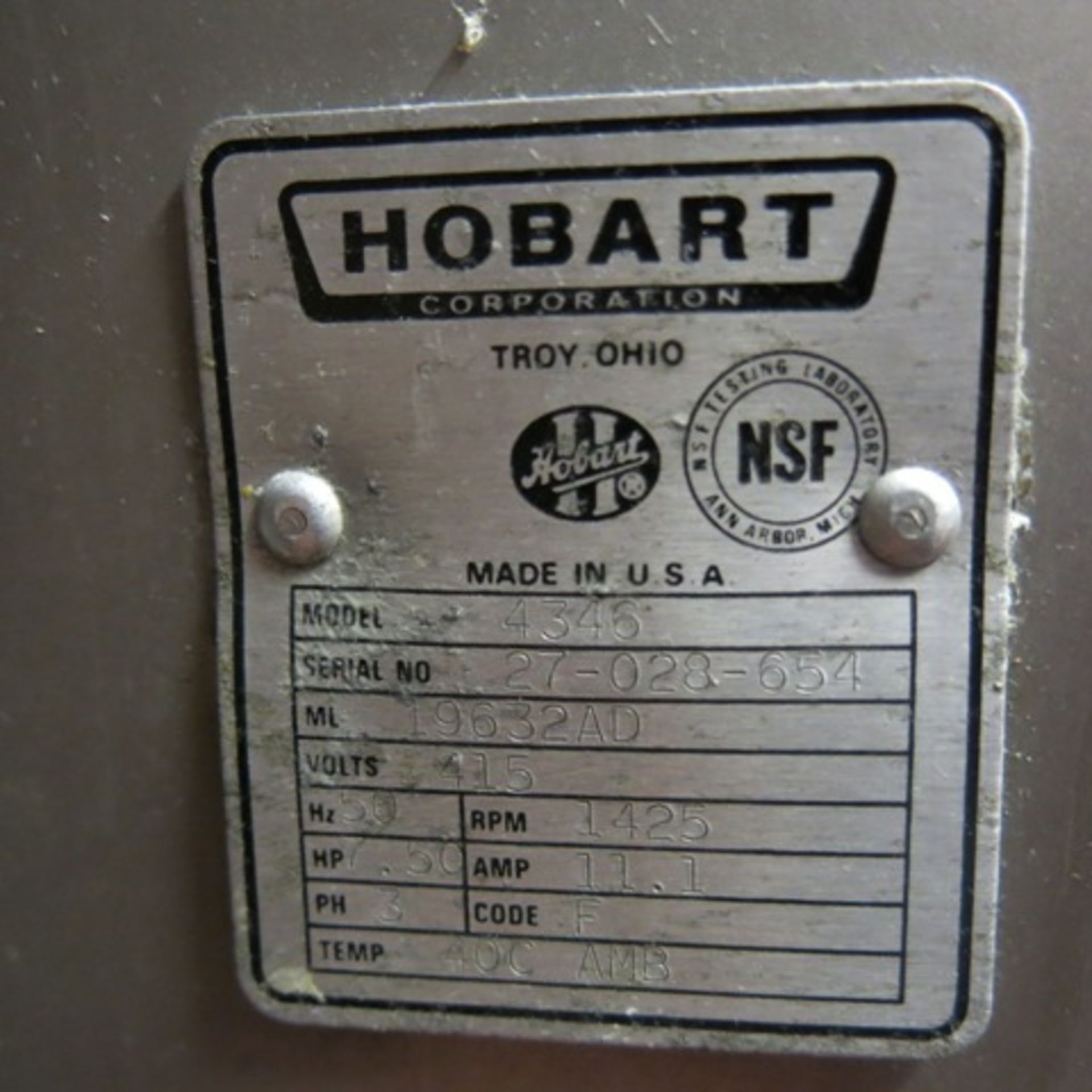 Hobart 4346 Commercial Mixer/Grinder on Frame & Castors, 3 Phase. Model 4346, S/N 27-028-654. With - Image 7 of 7