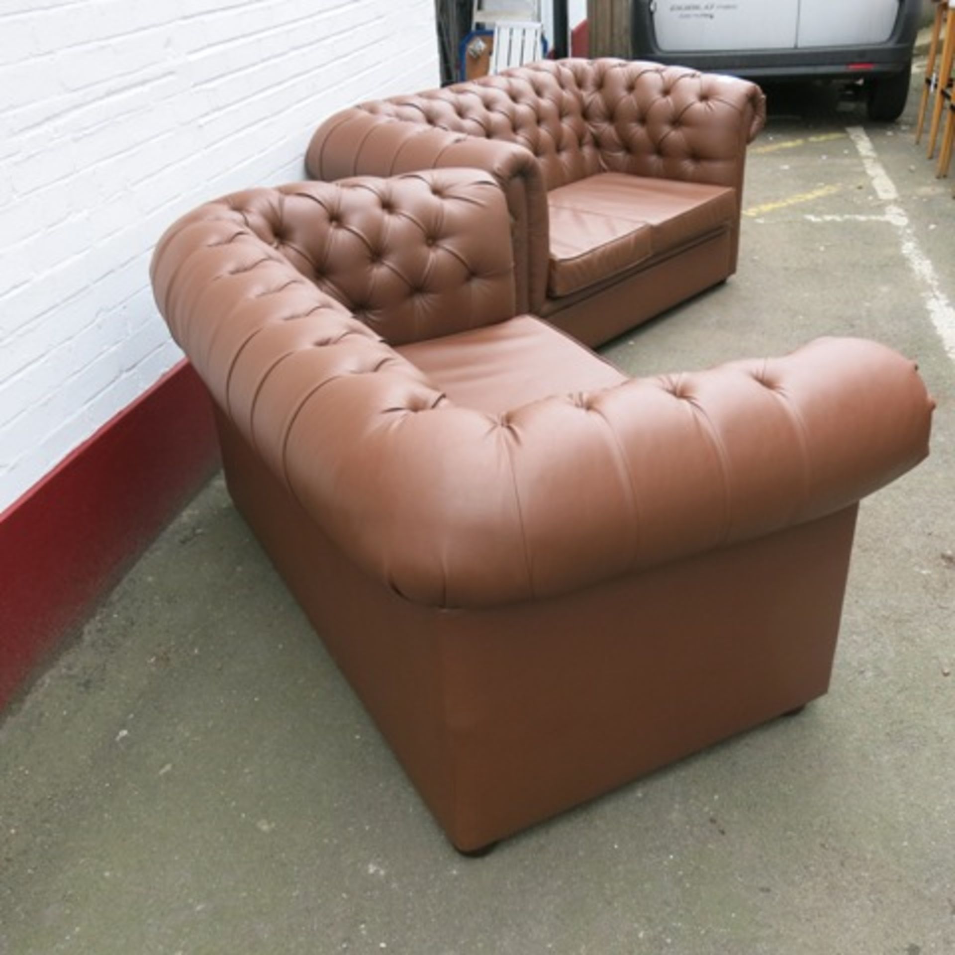 2 x Warings Furniture Chesterfield Style 2 Seater Sofas in Brown Faux Leather, Size (H)80cm x (D) - Image 5 of 6