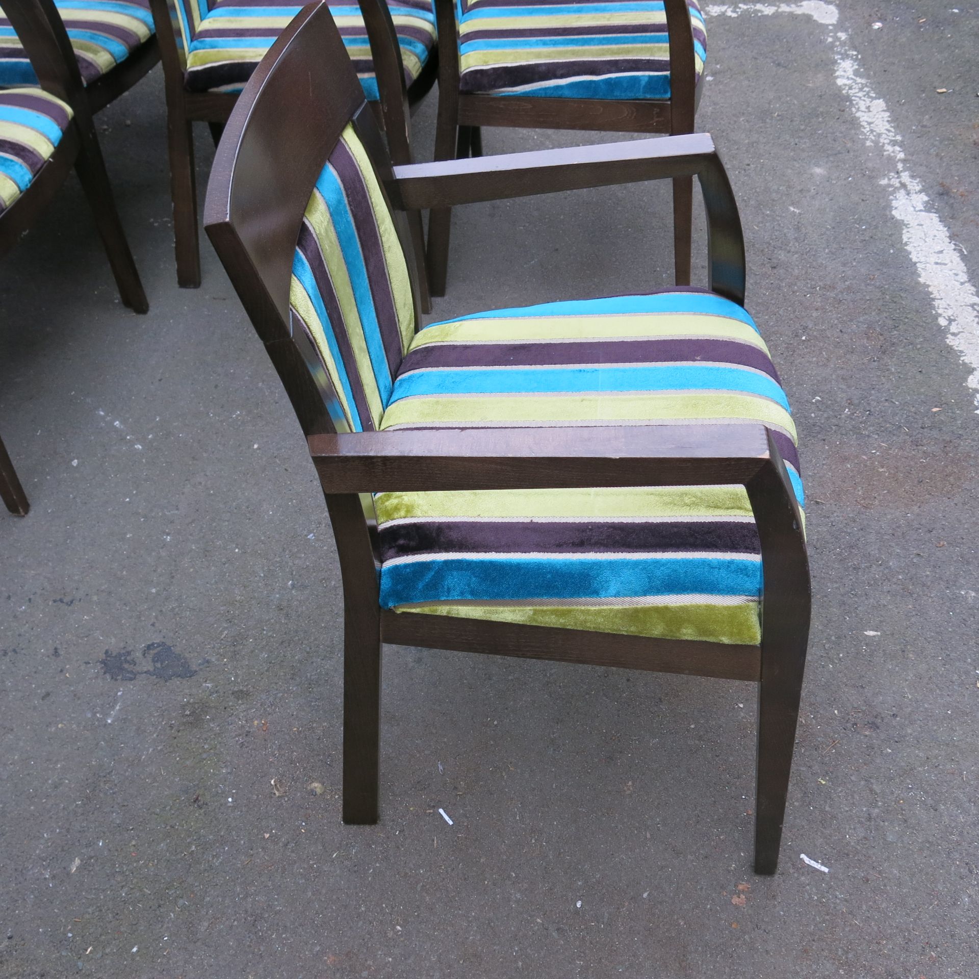 7 x Stained Darkwood Dining Chairs, Upholstered in Blue/Green/Brown Fabric - Image 5 of 6