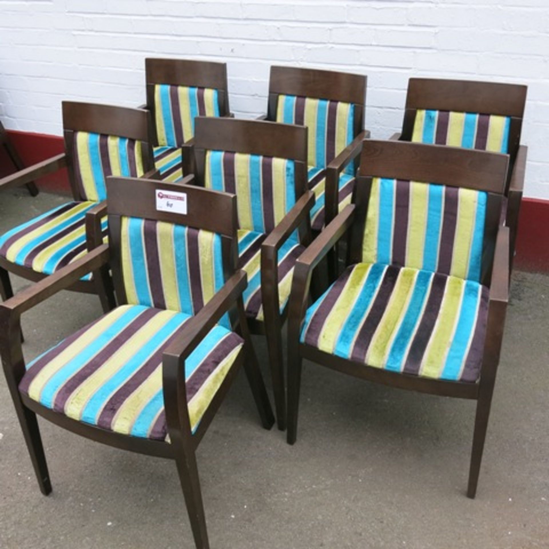 7 x Stained Darkwood Dining Chairs, Upholstered in Blue/Green/Brown Fabric - Image 2 of 6