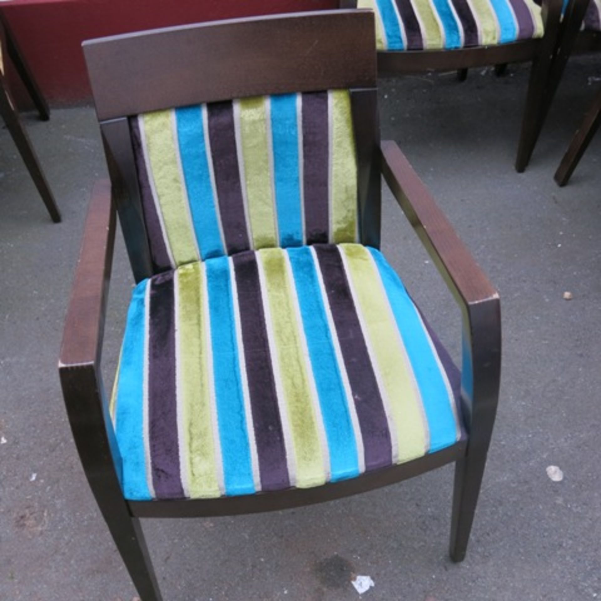 7 x Stained Darkwood Dining Chairs, Upholstered in Blue/Green/Brown Fabric - Image 6 of 6