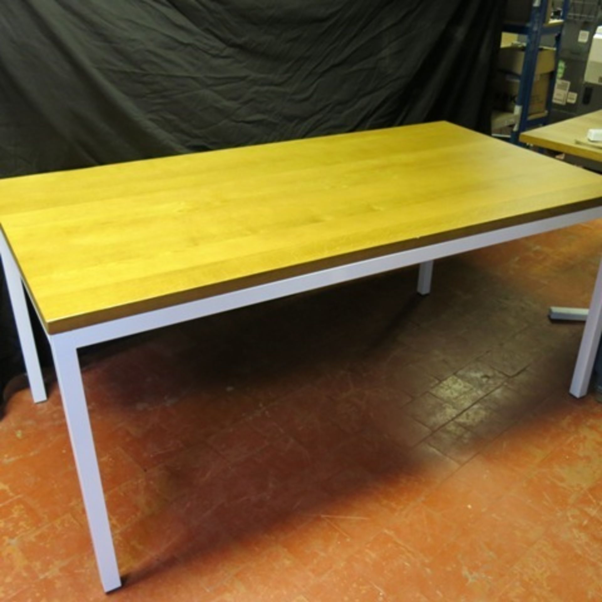 Designer Solid Light Oak Restaurant Table on White Steel Frame Base. Size (H) 77cm x (W) 170cm