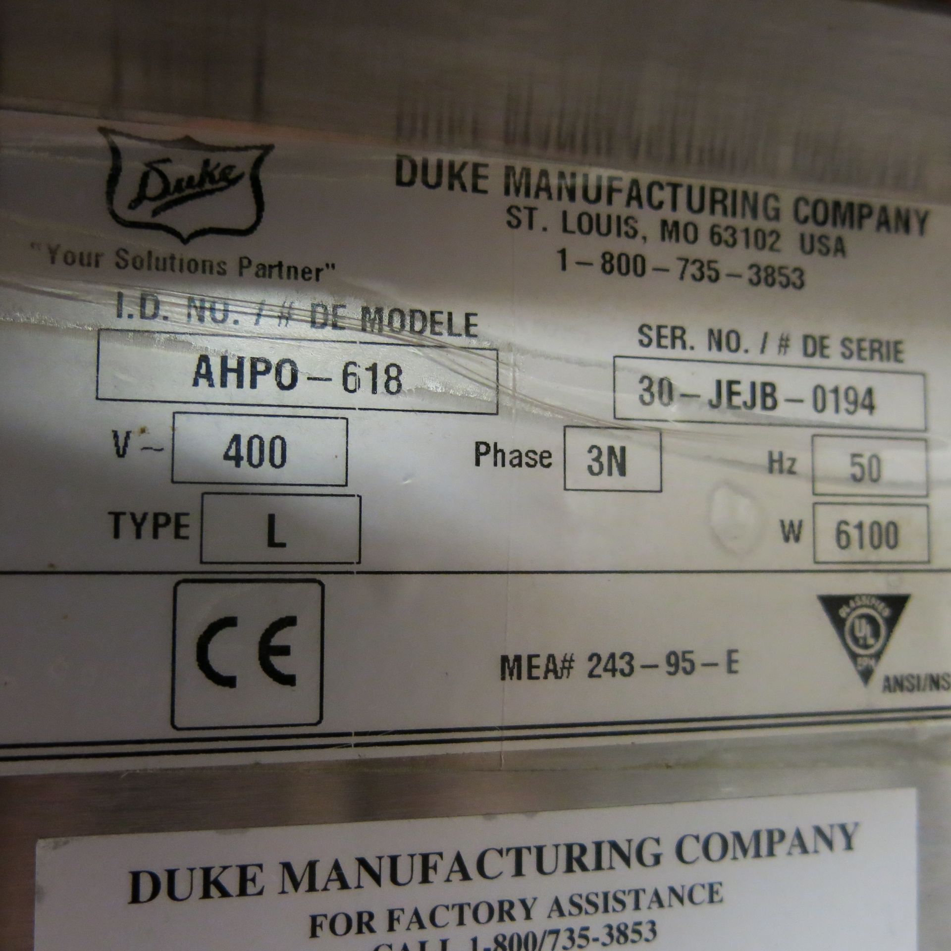 Duke Stainless Steel Commercial 3 Rack Bakery Oven (3 Phase), Model AHPO-618, S/N 30-JEJB-0194, Over - Image 8 of 8